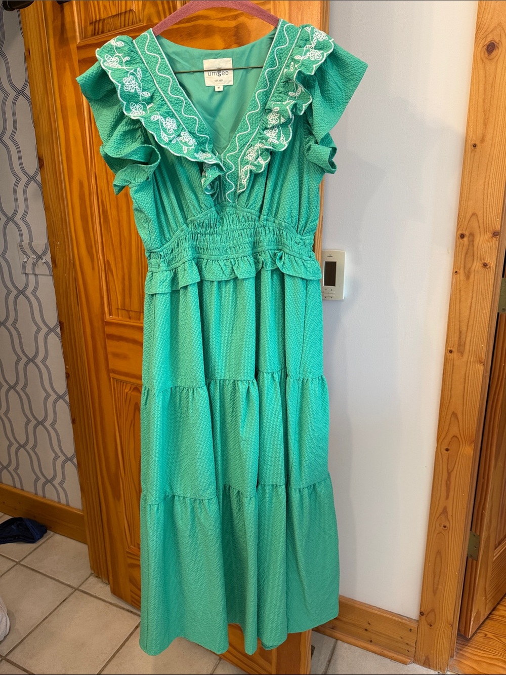 Boutique Green Ruffled Maxi Dress with Lace Trim